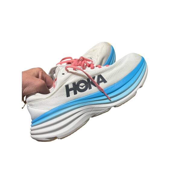 Hoka Bondi Tennis Shoes in Whtie with Blue/Pink Accents Sz 10.5 - Picture 2 of 5